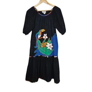 APPEL Vintage Casual Dress XS Oversized Cotton Jungle Scene Tucan Big Cat Tiered